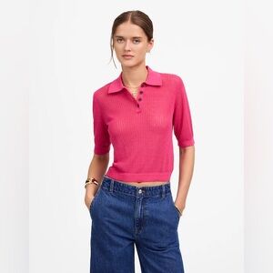 NWT madewell short sleeve polo sweater top pink small linen blend